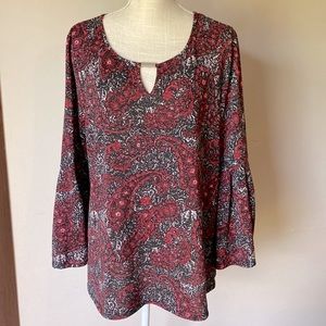 NY Collection women’s burgundy black paisley shine top / blouse 3/4 bell/s XL